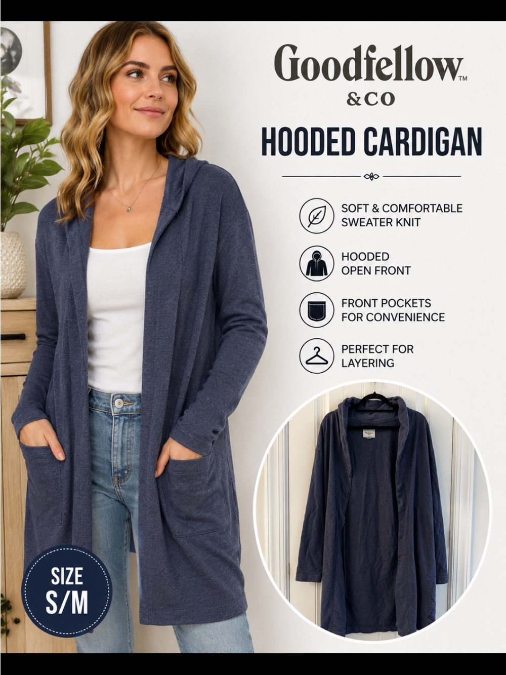 Goodfellow & Co Hooded Open-Front Cardigan in Deep Blue